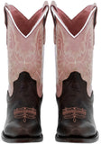 Girls Pink & Dark Brown Stitched Leather Cowgirl Boots - Snip Toe