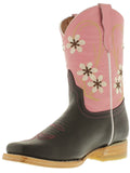 Girls Kids Black Pink Leather Flower Rodeo Square Pull On Western Cowgirl Boots