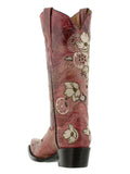 Womens Noruega Red Leather Cowboy Boots Floral - Snip Toe