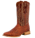 Mens Cognac Ostrich Quill Print Leather Cowboy Boots Square Toe