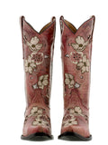 Womens Noruega Red Leather Cowboy Boots Floral - Snip Toe