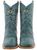 Women's Turquoise Mid Calf Leather Pull On Cowboy Boots Square Toe - CP2