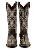 Womens Cleo Brown Leather Cowboy Boots Floral Embroidered - Snip Toe