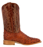 Mens Cognac Ostrich Quill Print Leather Cowboy Boots Square Toe