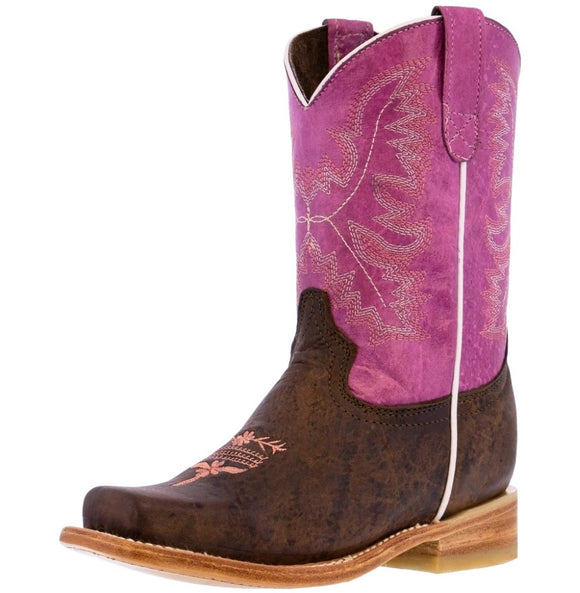 Kids Purple Western Cowboy Boots Smooth Leather Square Toe