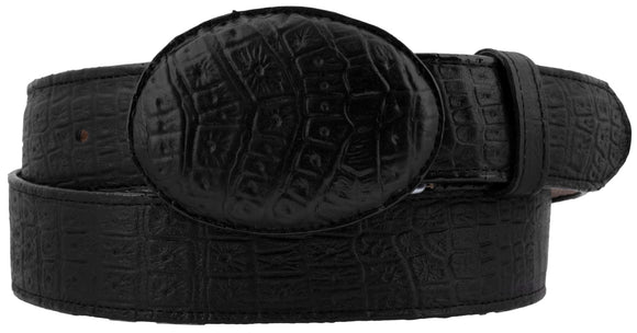 Men's Black Crocodile Belly Print Genuine Leather Belt Round Buckle