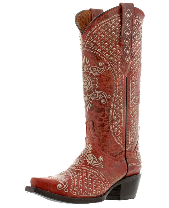 Womens Marfil Red Wedding Cowboy Boots Studded - Snip Toe