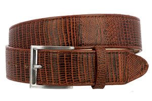 Cognac Western Cowboy Belt Teju Lizard Print Leather - Silver Buckle