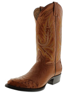 Mens Cognac Ostrich Skin Leather Cowboy Boots - Round Toe