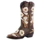Womens Brown Western Boots Sunflower Embroidered Leather - Square Toe