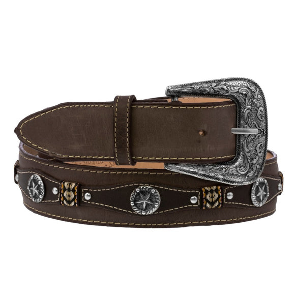 Soft Brown Western Cowboy Leather Belt Navajo Concho - Silver Buckle