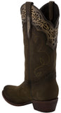 Women's Dark Brown Cowboy Boots Real Leather Round Toe Floral Overlay