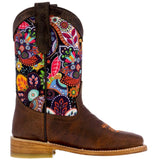 Kids Rustic Brown Western Cowboy Boots Paisley Floral Square Toe