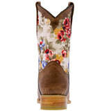 Kids Light Brown Western Cowboy Boots Flower Leather Square Toe