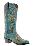 Womens Malaga Turquoise Leather Cowboy Boots Embroidered - Snip Toe