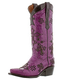 Women's Cruz Purple Cross Design Leather Cowgirl Boots - Snip Toe